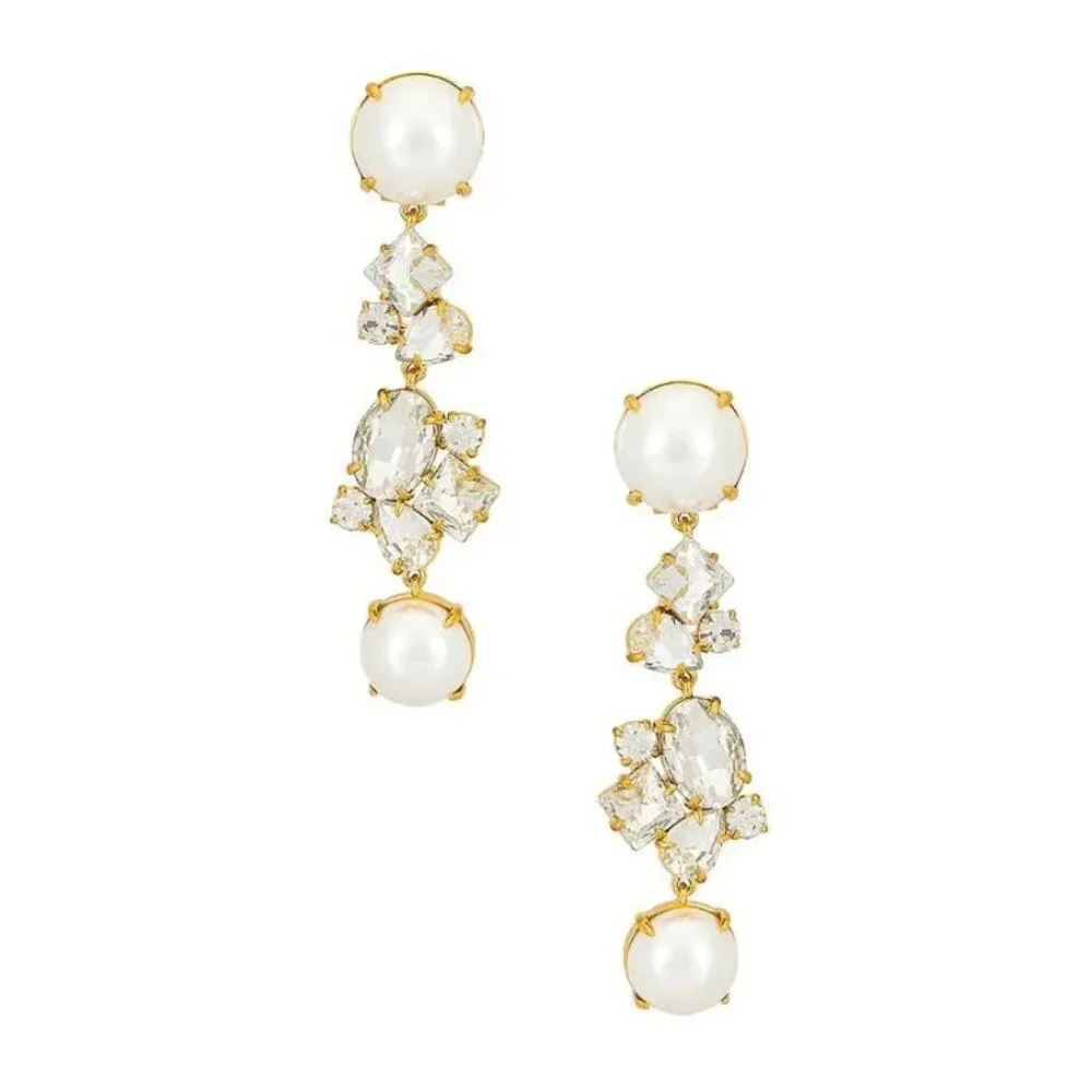 PREOWNED $250 LELE SADOUGHI GOLD PLATED PEARL & CRYSTAL DROP PIERCED EARRINGS